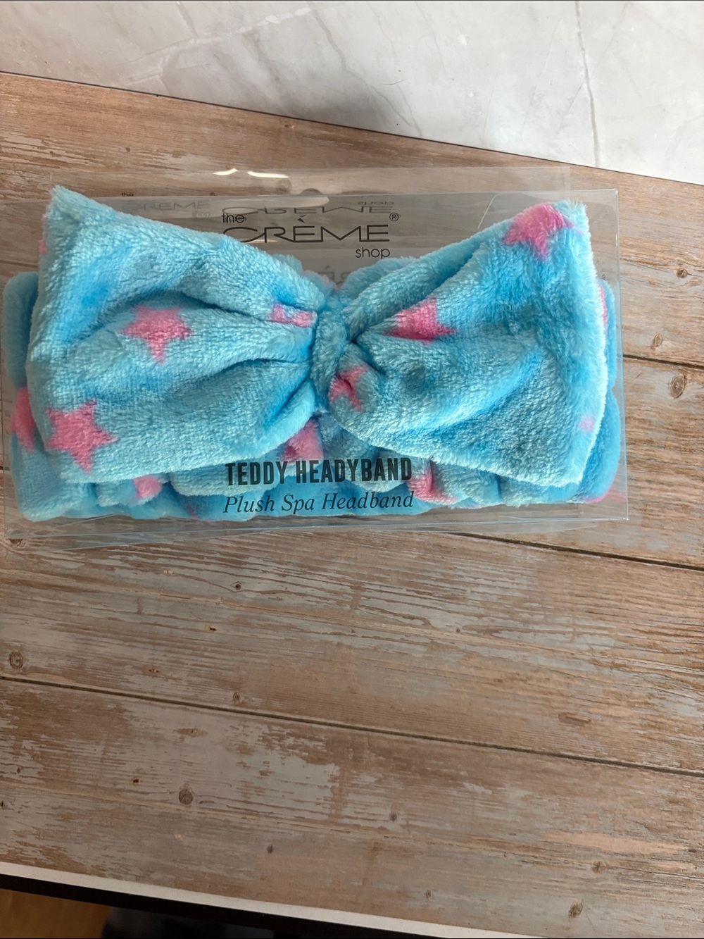 Plush Teddy Spa Headband - Blue with Pink Stars